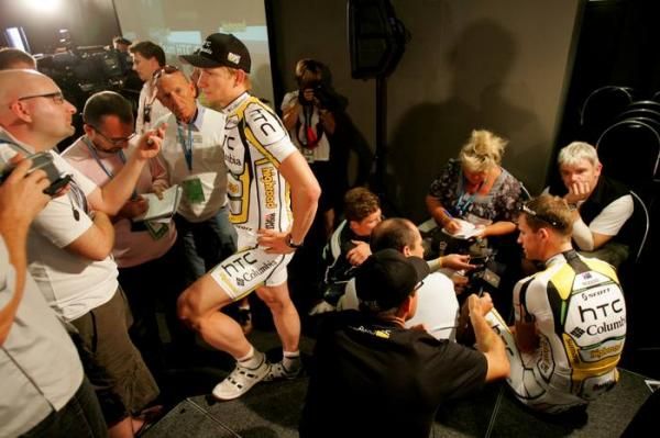 Andre Griepel and Michael Rogers talk to different members of the media at HTC-Columbia's team launch in Australia.