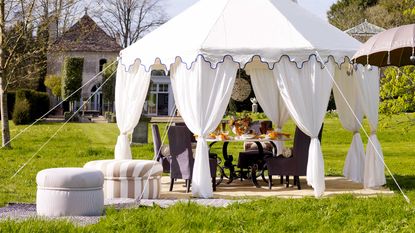 white gazebo ideas on garden lawn