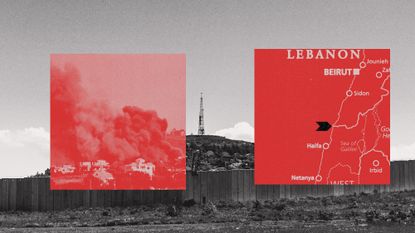 Photo composite of the Israel-Lebanon border, smoke from a rocket attack and a map of the region