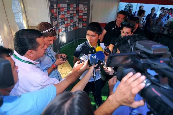 Nairo Quintana answering questions from the media