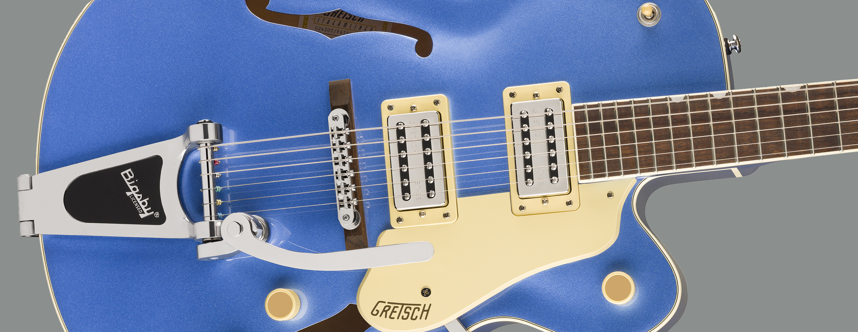 A photo showing a detail of the Gretsch Streamliner Hollow Body electric in Fairlane Blue finish