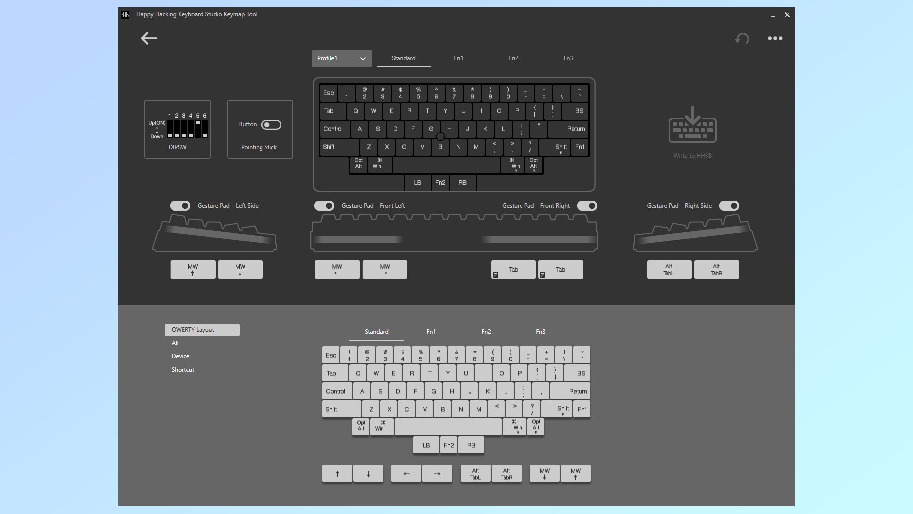 A screenshot showing the HHKB Keymap Tool app being used to customize the layout and functionality of the HHKB Studio