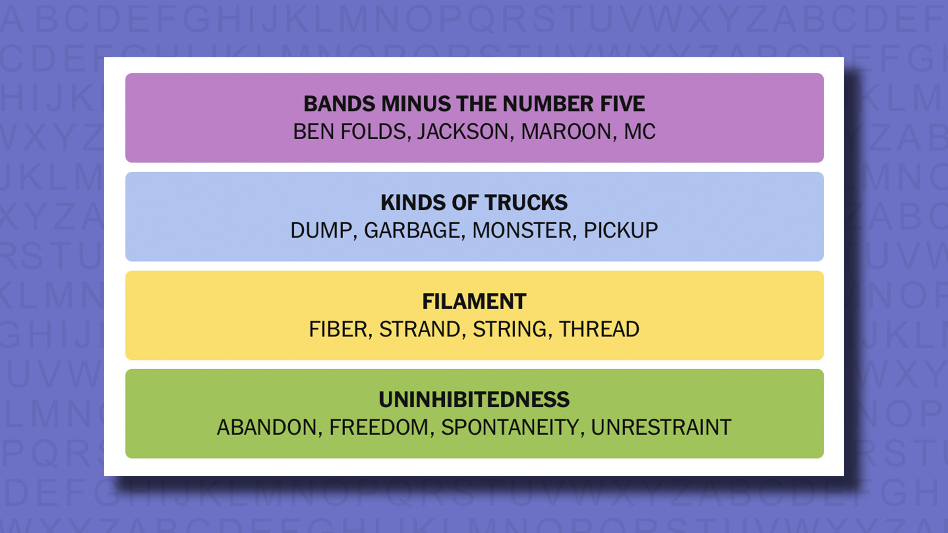 NYT Connections answers for game 645 on a purple background