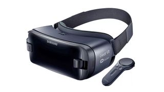 Samsung VR headset; a black virtual reality headset on a white background