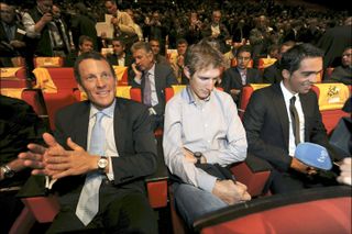 Alberto Contador, Andy Schleck and Lance Armstrong, Tour de France 2010 presentation