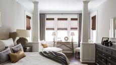 white bedroom with brown and beige accents