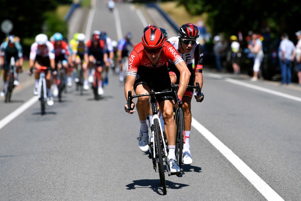 HERVE BELGIUM JULY 24 Laurent Pichon of France and Team Arka Samsic attacks during the 43rd Ethias Tour de Wallonie 2022 Stage 2 a 1768km stage from Verviers to Herve 274m ethiastourdewallonie22 on July 24 2022 in Herve Belgium Photo by Luc ClaessenGetty Images