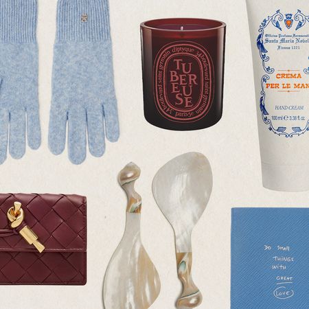 gloves, candle, cream, note book, salad servers, wallet