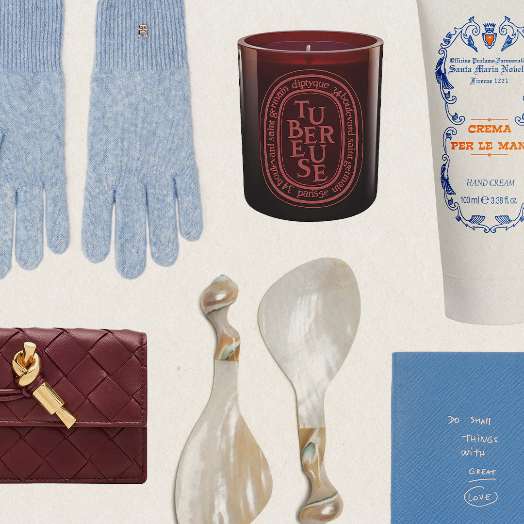 gloves, candle, cream, note book, salad servers, wallet