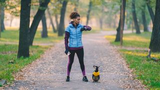 Woman looking at watch with small dog — tips for training your dog