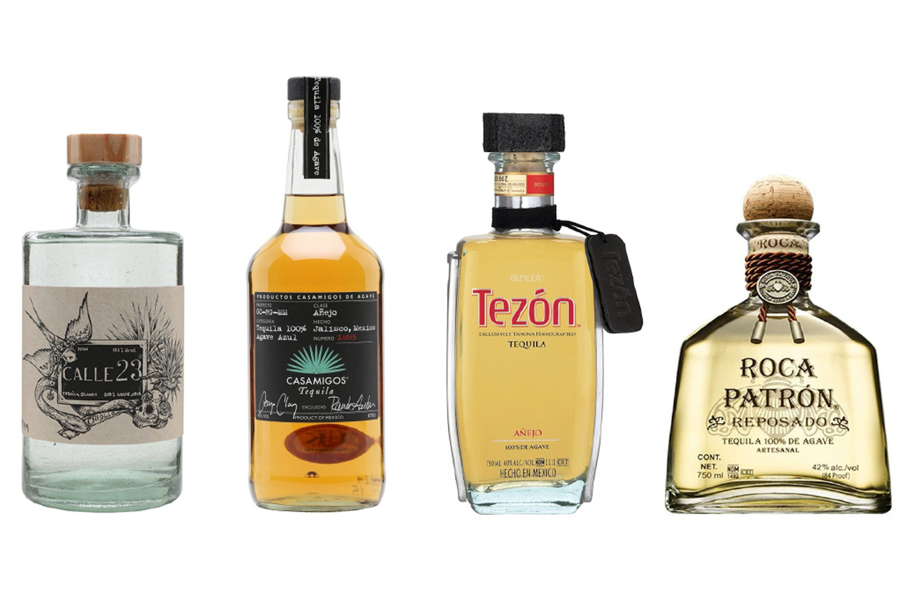 Four bottles of tequila for sipping: Calle 23 Criollo, Casamigos Anejo, Olmeca Tezon Anejo, Patron Roca Reposado