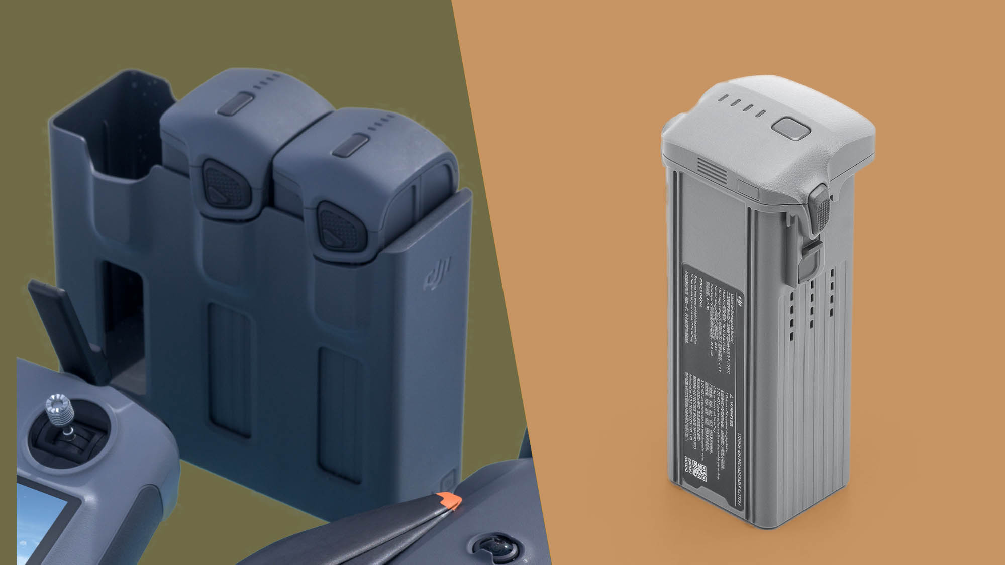 DJI Mavic 4 Pro battery next to DJI Air 3S battery