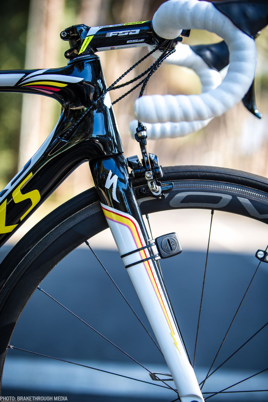 The colours on the fork represent Contador's home city, white for Madrid, yellow for his Tour de France victories, red for his Vuelta a Espana victories and pink for his Giro d'Italia win.
