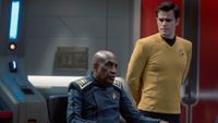 (L-R): Joe Mortin as Admiral Reeger and Paul Wesley as James T. Kirk in Star Trek: Strange New Worlds, episode 8, season 4