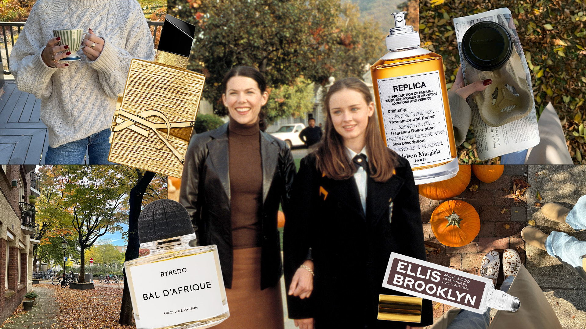A collage of images including a still from Gilmore Girls, fall backgrounds, coffee mugs, and pumpkins with perfume bottles overlaid.