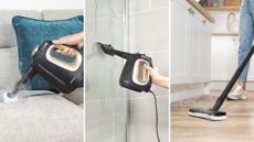 Three different uses for the Beldray 15-in-1 Steam Cleaner: steaming a sofa, a shower, and the floor
