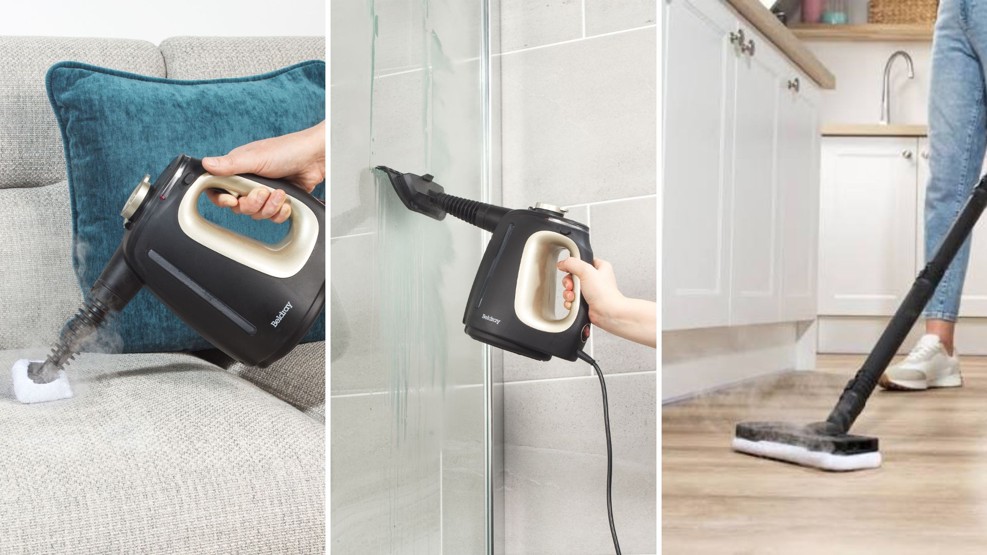Three different uses for the Beldray 15-in-1 Steam Cleaner: steaming a sofa, a shower, and the floor