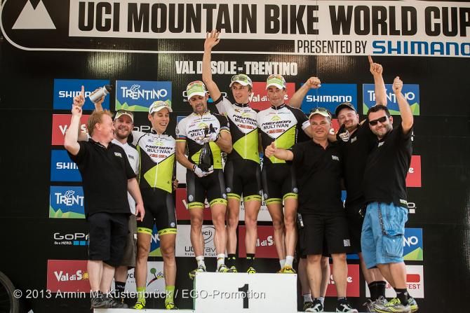 The Multivan Merida team on the podium at the Val di Sole World Cup