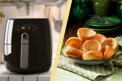 A collage of an air fryer and a plate of Yorkshire Puddings