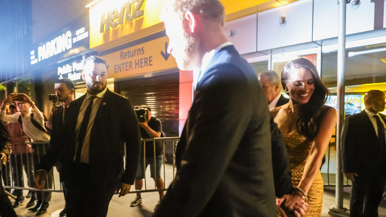 Duchess of Sussex Meghan Markle and Duke of Sussex Prince Harry attend the ceremony, which benefits the Ms. Foundation for Women and feminist movements, in New York, United States on May 16, 2023. Meghan Markle who wears a gold dress for Women of Vision Gala receives 2023 Women of Vision award from Gloria Steinem at Ziegfeld Ballroom on Tuesday night in New York City