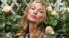 Headshot of Kate Moss surrounded by the Kate Moss Rose at RHS Chelsea Flower Show 2026