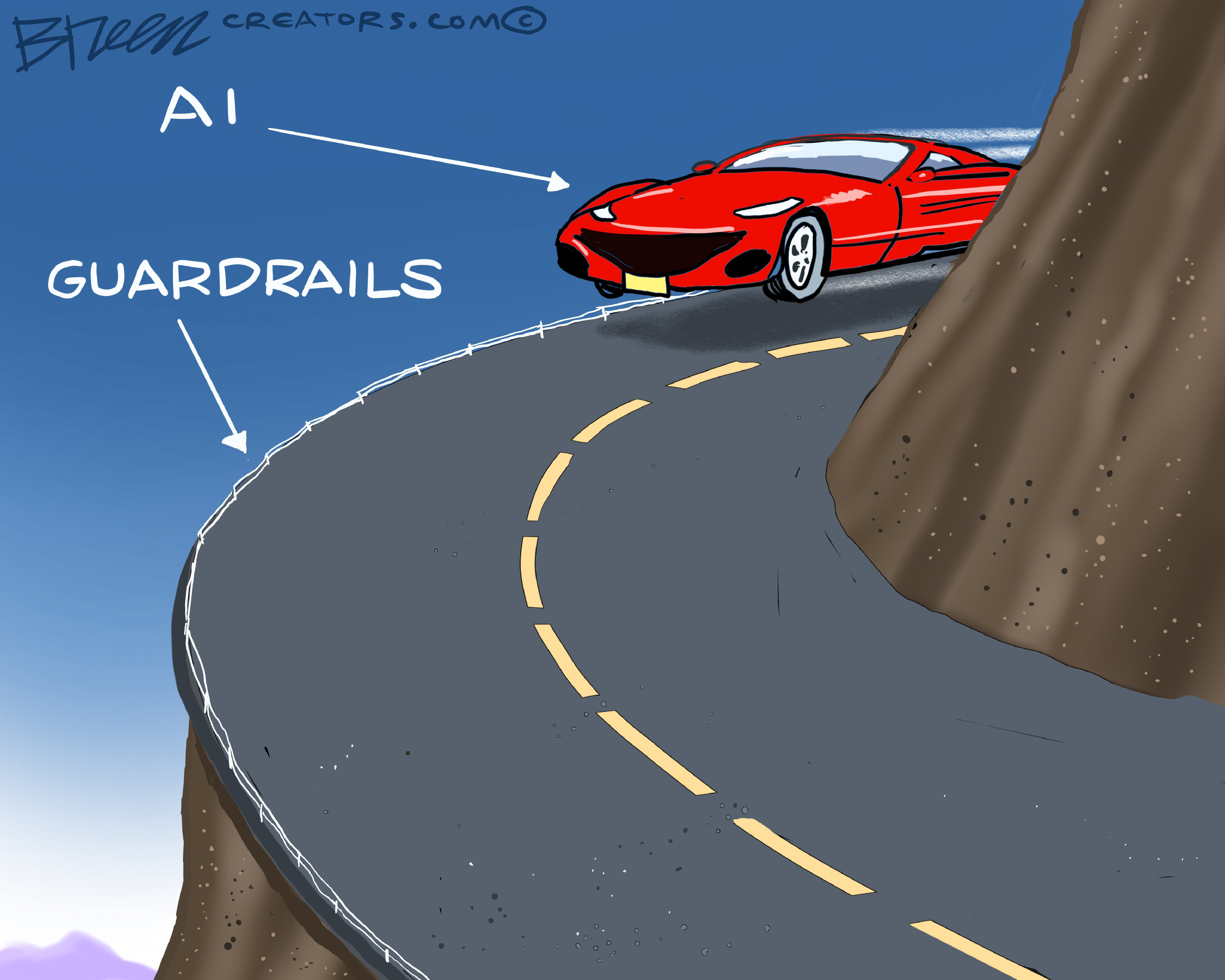 A sports car speeds dangerously around a hairpin curve on the edge of a cliff. The car is &amp;ldquo;AI&amp;rdquo; and the small fence along the side of the cliff are the &amp;ldquo;guardrails.&amp;rdquo;
