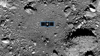 An image of OSIRIS-REx's landing site, named Nightingale, on the asteroid Bennu.