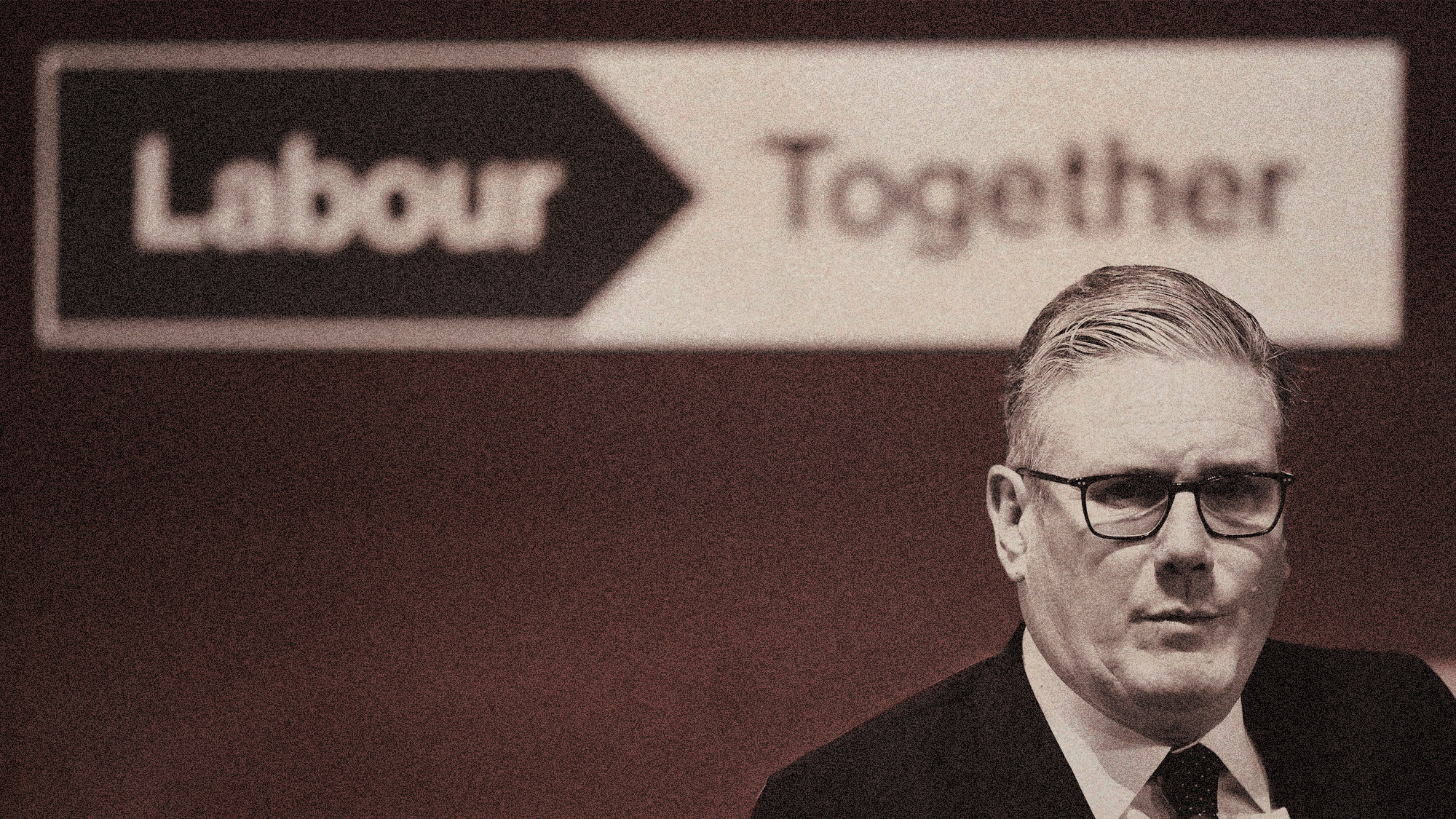Edited black and white photo of Keir Starmer sitting in front of a looming Labour Together logo