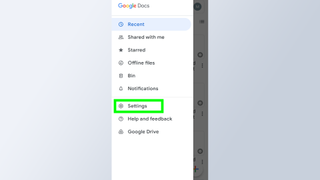 How to get dark mode in Google Docs - a screenshot of the menu open in Google Docs on mobile with 