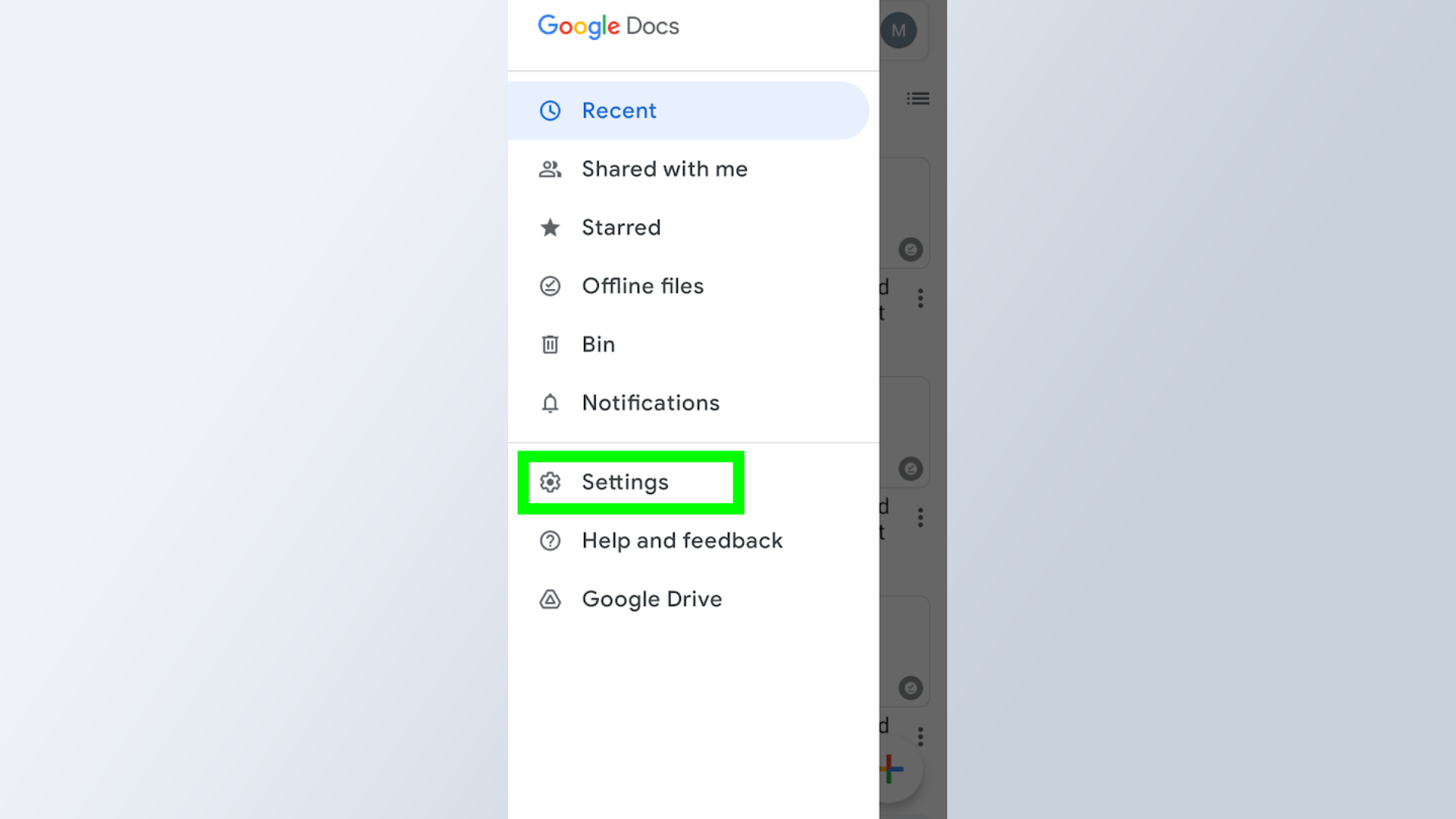 Как получить темный режим в Google Docs - снимок экрана меню, открытого в Google Docs на мобильном устройстве с 