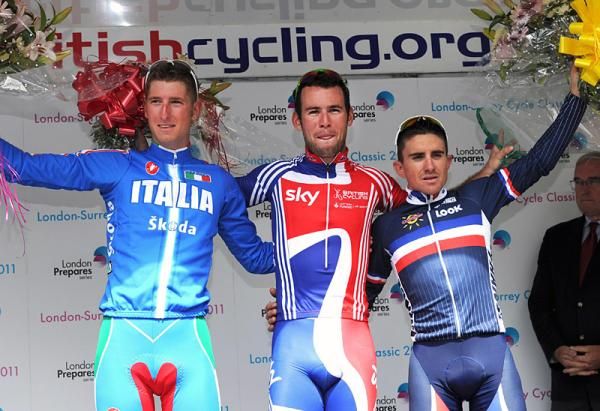 London-Surrey Cycle Classic podium (L-r): Sacha Modolo, Mark Cavendish, Samuel Dumoulin