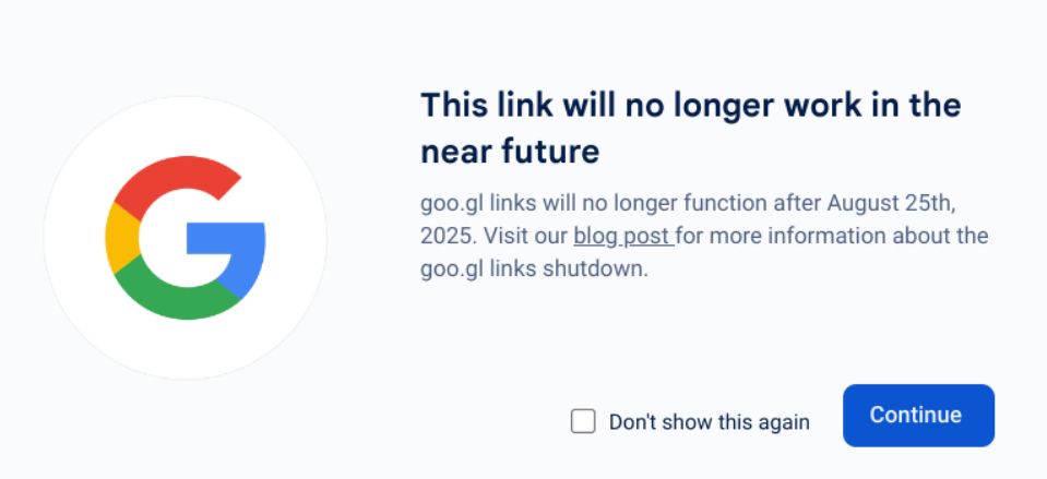 A message from Google warning that goo.gl links will stop working in the near future.