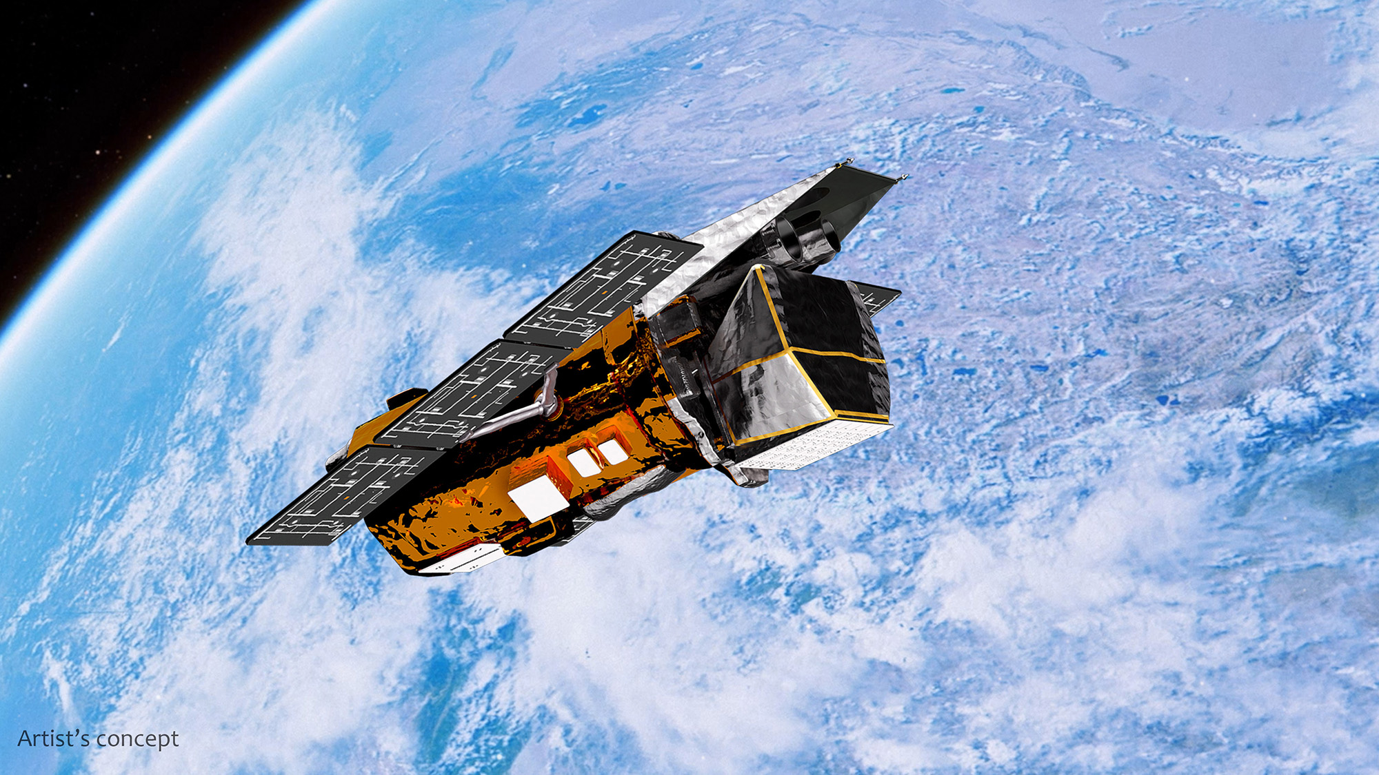 An illustration of a telescope floating above Earth