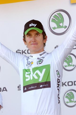 Geraint Thomas (Team Sky) in the best young rider's white jersey