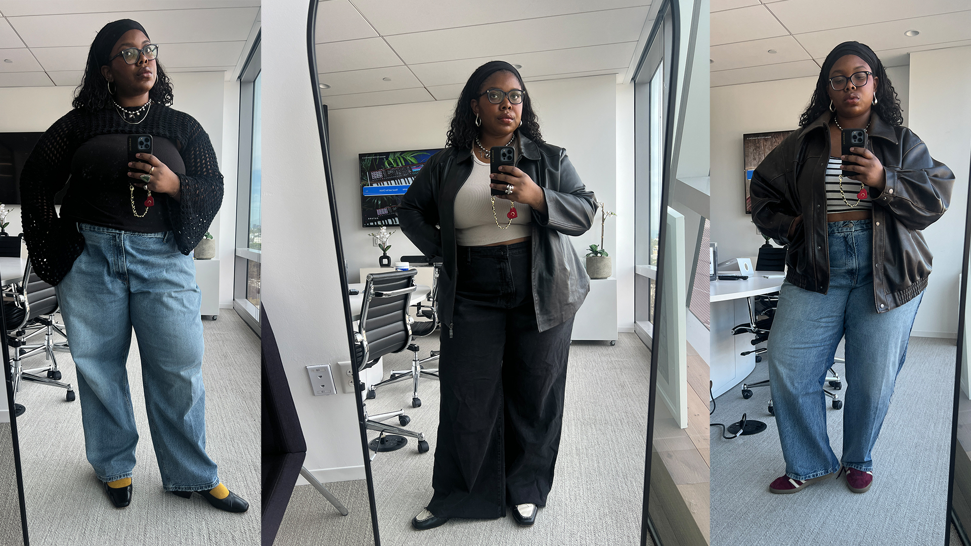 chichi wears good american jeans while taking mirror selfies