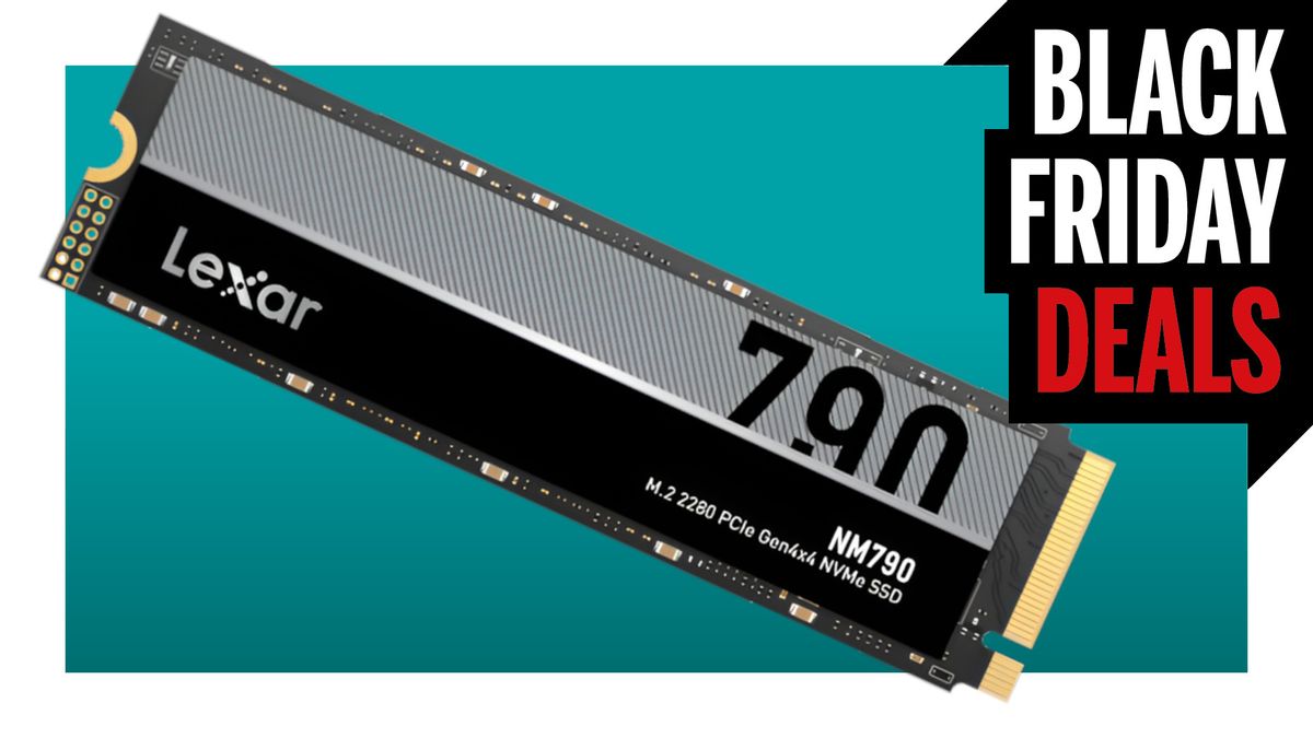 An image of a Lexar NM790 SSD against a teal background, with a white border, and a Black Friday Deals logo