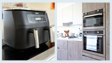 split image of a Ninja air fryer on a kitchen countertop and a double oven built into kitchen cupboards