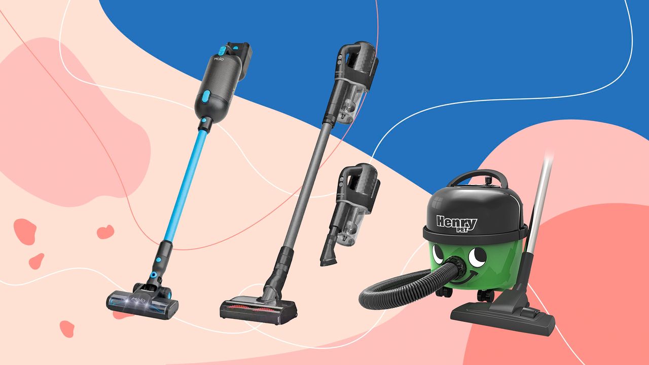 Three pet vacuums on a pink and blue background