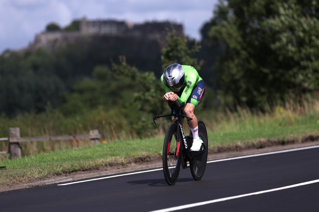 STIRLING SCOTLAND AUGUST 11 Tadej Pogaar of Slovenia sprints during the Men Elite Individual Time Trial a 478km race from Stirling to Stirling at the 96th UCI Cycling World Championships Glasgow 2023 Day 9 UCIWT on August 11 2023 in Stirling Scotland Photo by Dean MouhtaropoulosGetty Images