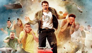 Jackass 3D the boys stand in the midst of an explosion