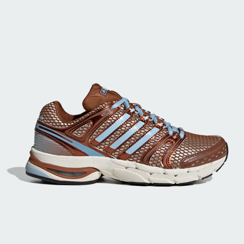 brown and blue trainers