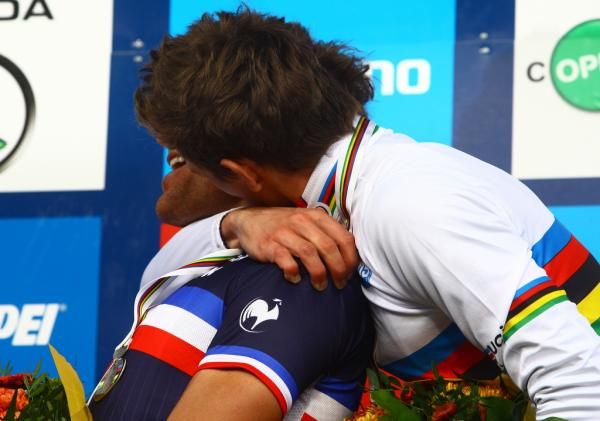 French teammates Adrien Petit and Arnaud Demare celebrate their 1-2 finish.