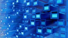 Digital file archive concept image symbolizing WinRAR software showing digitized filing cabinets with open doors in the shape of floppy disks.