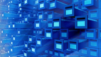 Digital file archive concept image symbolizing WinRAR software showing digitized filing cabinets with open doors in the shape of floppy disks.