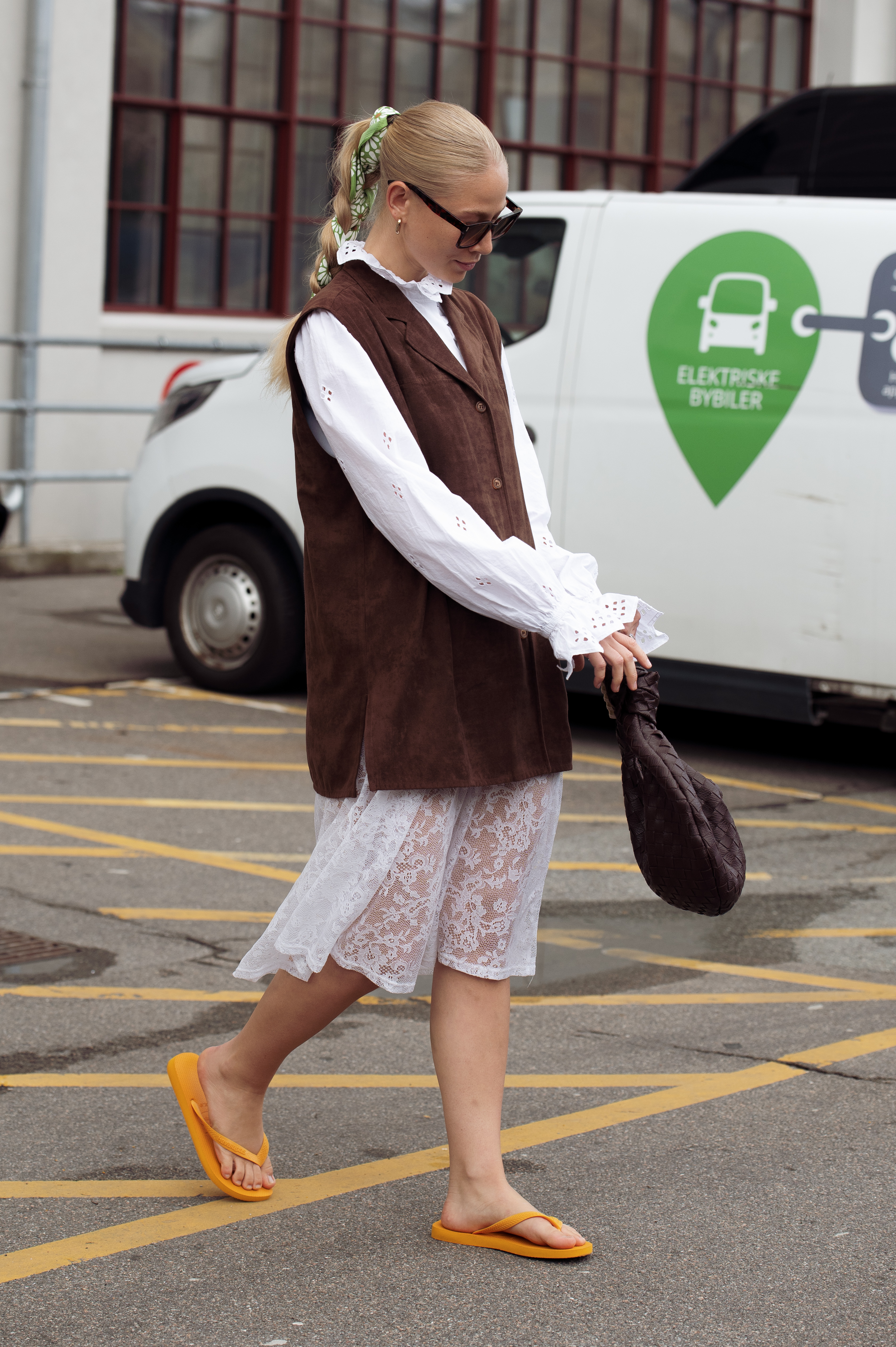 women walking through Copenhagen wearing flip flops with fall dresses