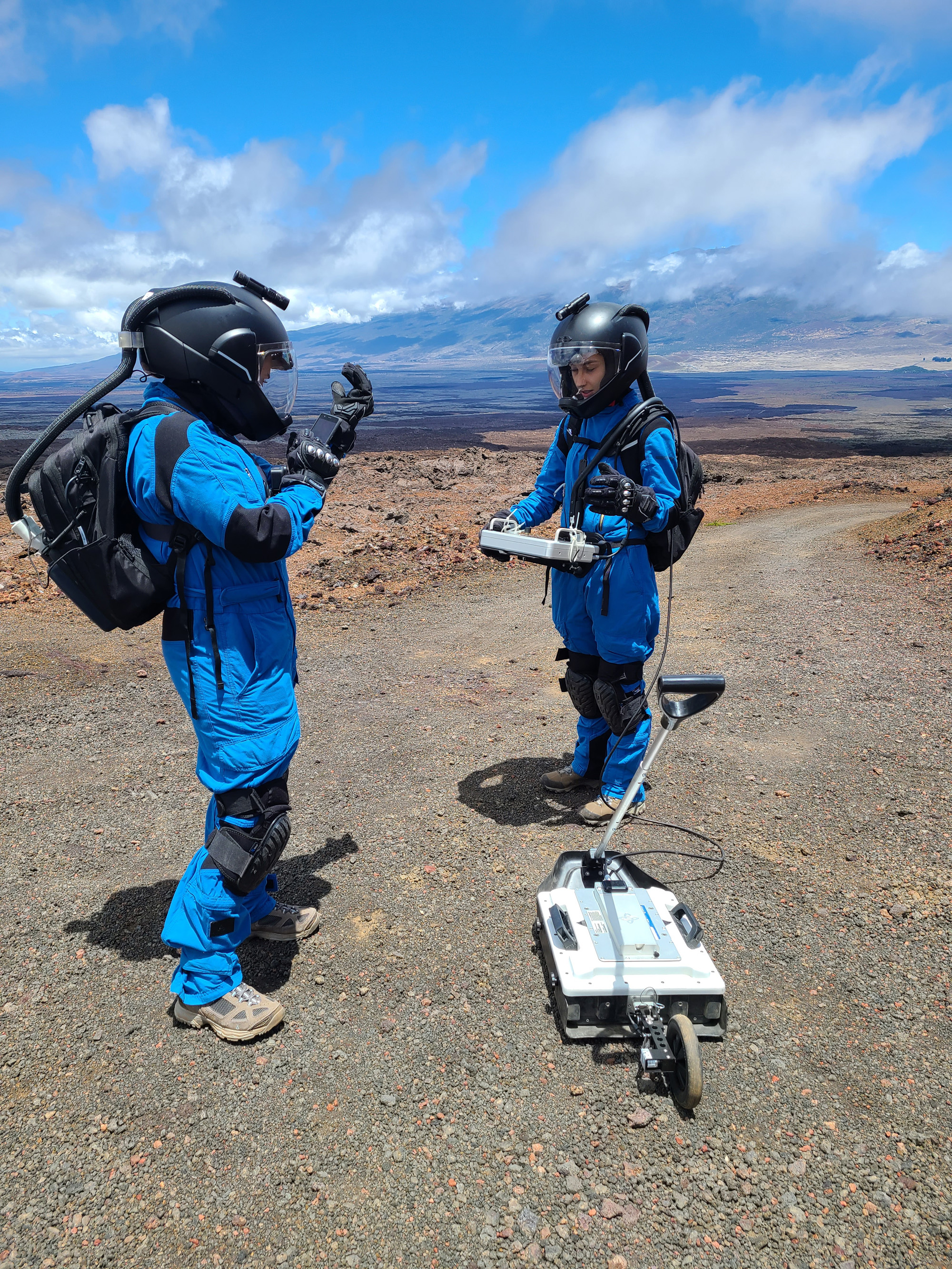 Valoria 3 crewmembers perform ground penetrating radar measurements during a Marswalk.