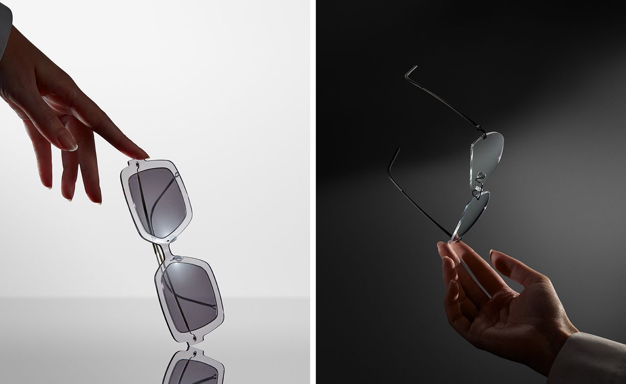 Left image: white background, bare hand, pair of sunglasses on a reflective surface. Right: Black background, bare hand, pair of sunglasses