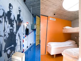 Two images. Left, A wall with images of men on it and a blue floor in front of it. Right, an orange bedroom with a single bed on the floor and another single bed mounted on the wall above it on the other wall.