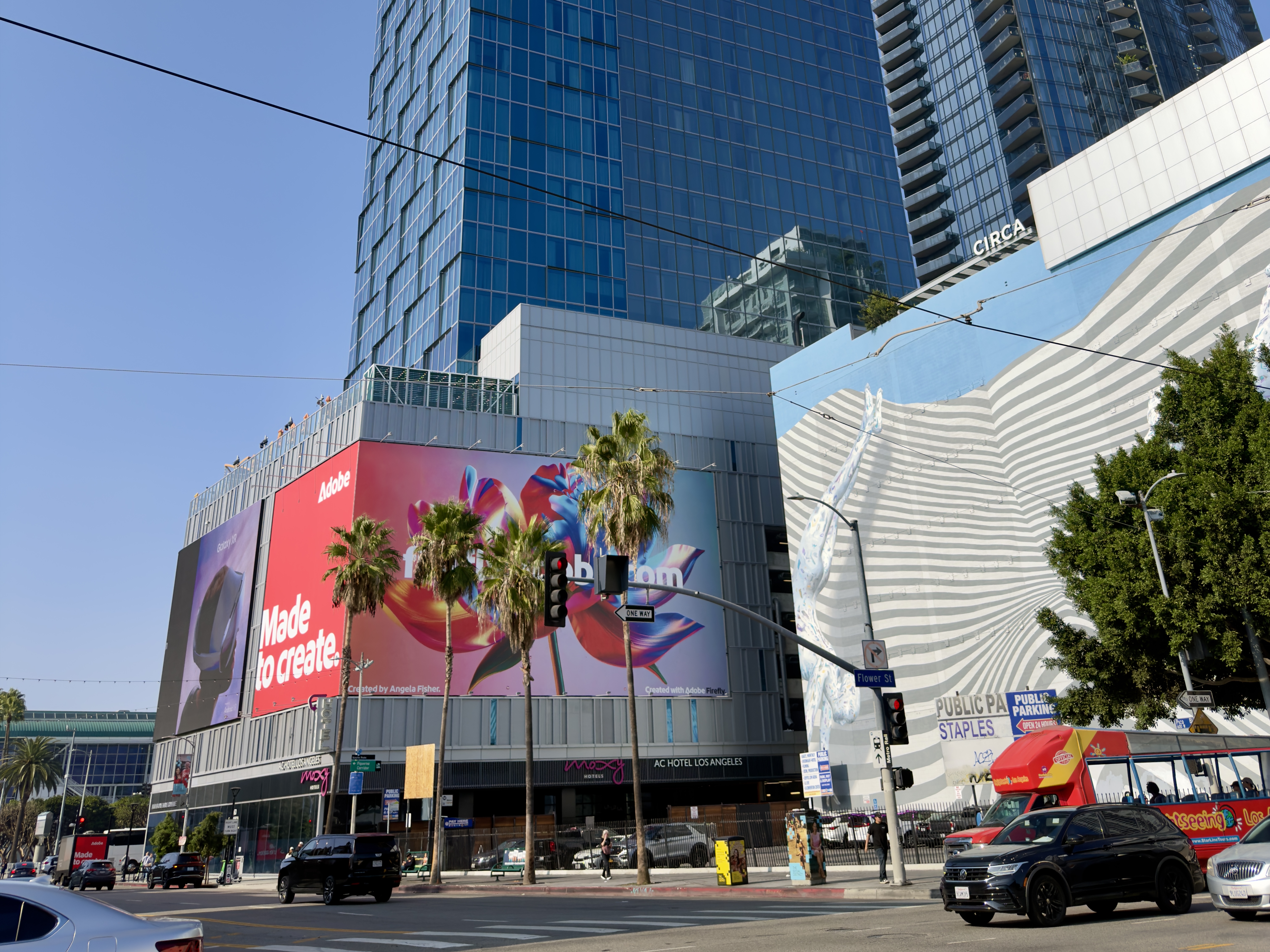 Adobe Max LA 2025 billboard beneath Moxy Hotel in LA