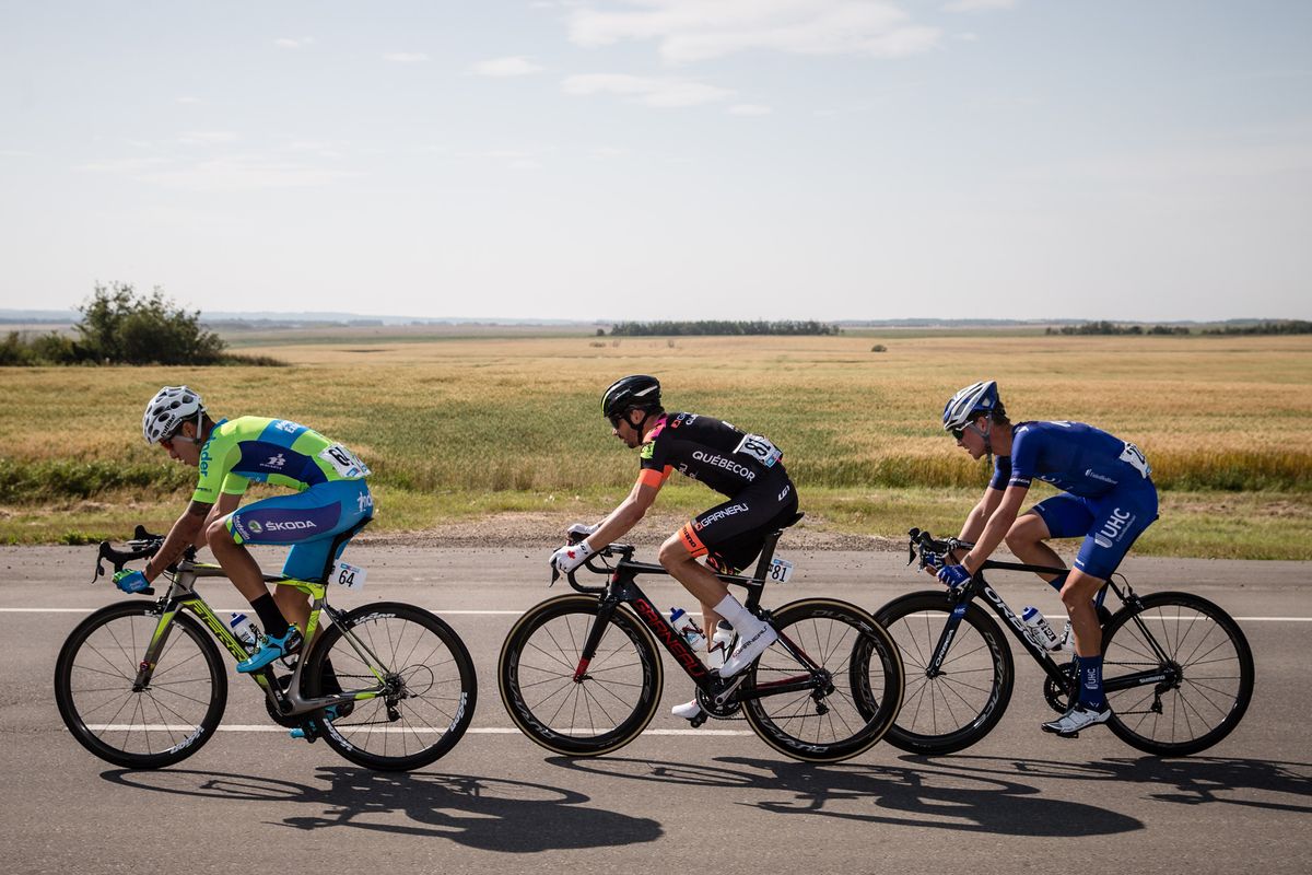 Breakaway riders Eduardo Estrada (Medellin-Inder), Bruno Langois (Garneau-Quebecor) and Alex Cataford (UnitedHealthcare)